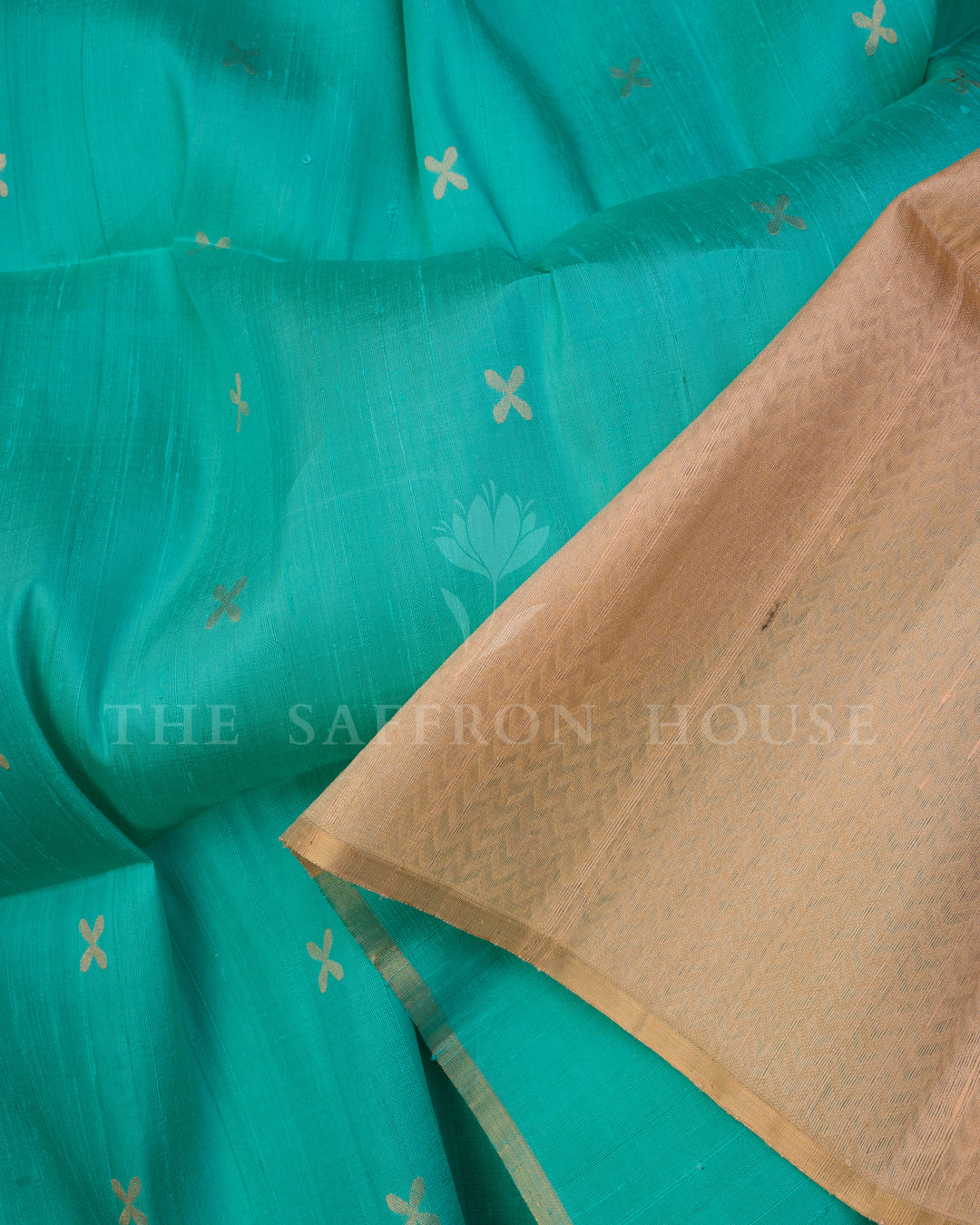 Handloom Tussar Silk Saree in Turquoise Blue And Beige - TSH6060