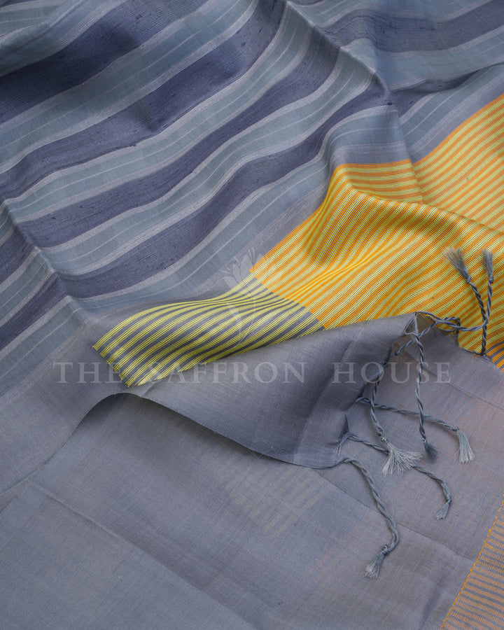 Handloom Eri Silk Saree in Indigo, Steel Grey And Yellow - TSH6064