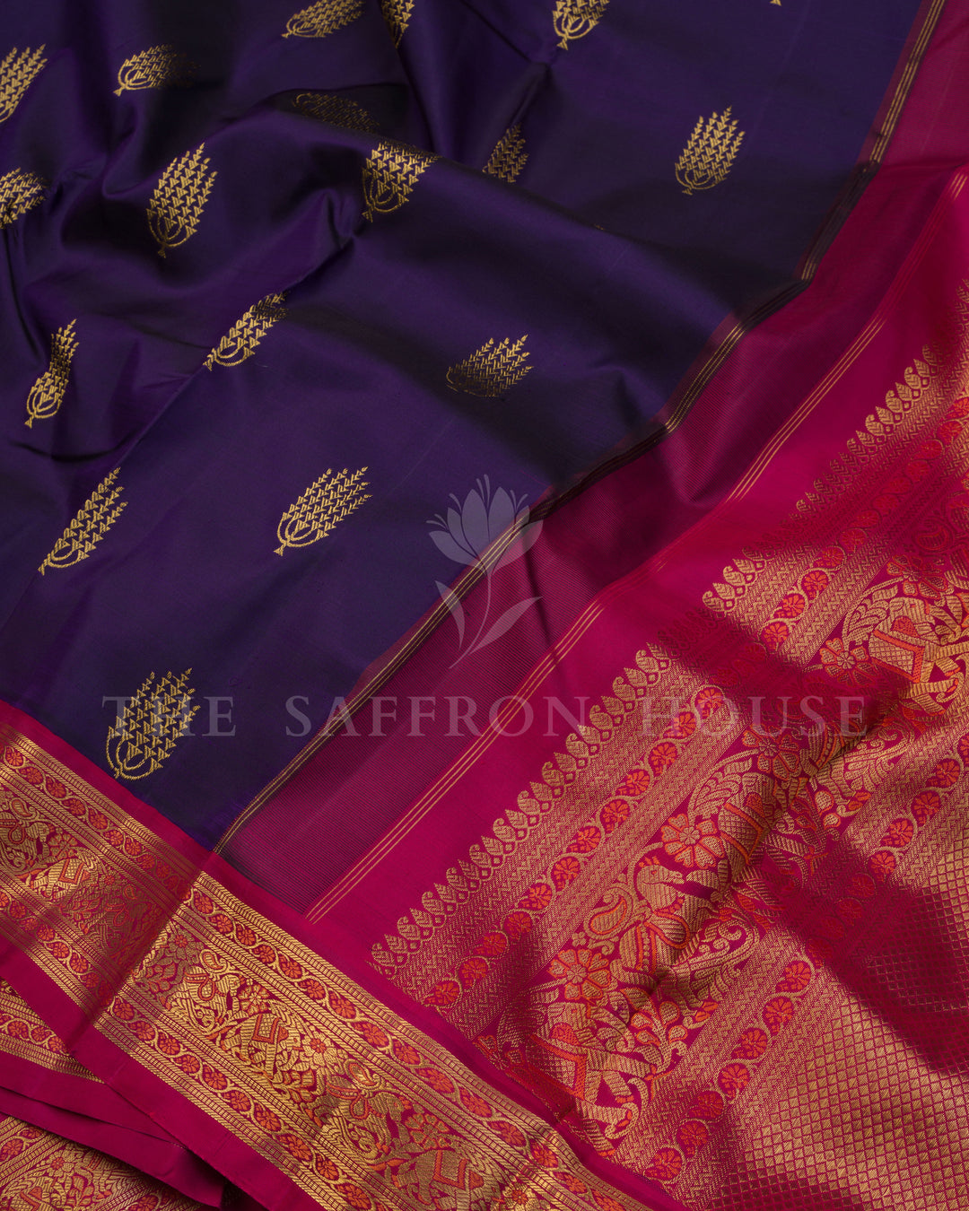 Handloom Kanjivaram Silk Saree in Deep Aubergine And Rani Pink  - TSH000046