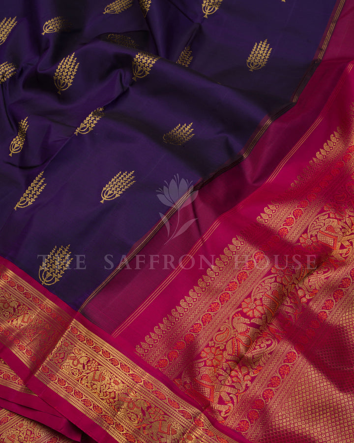 Handloom Kanjivaram Silk Saree in Deep Aubergine And Rani Pink  - TSH000046