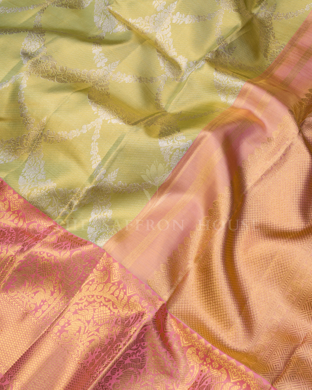 Pure Zari  Kanjivaram Silk Saree in Light Parrot Green and Peach - TSH250049