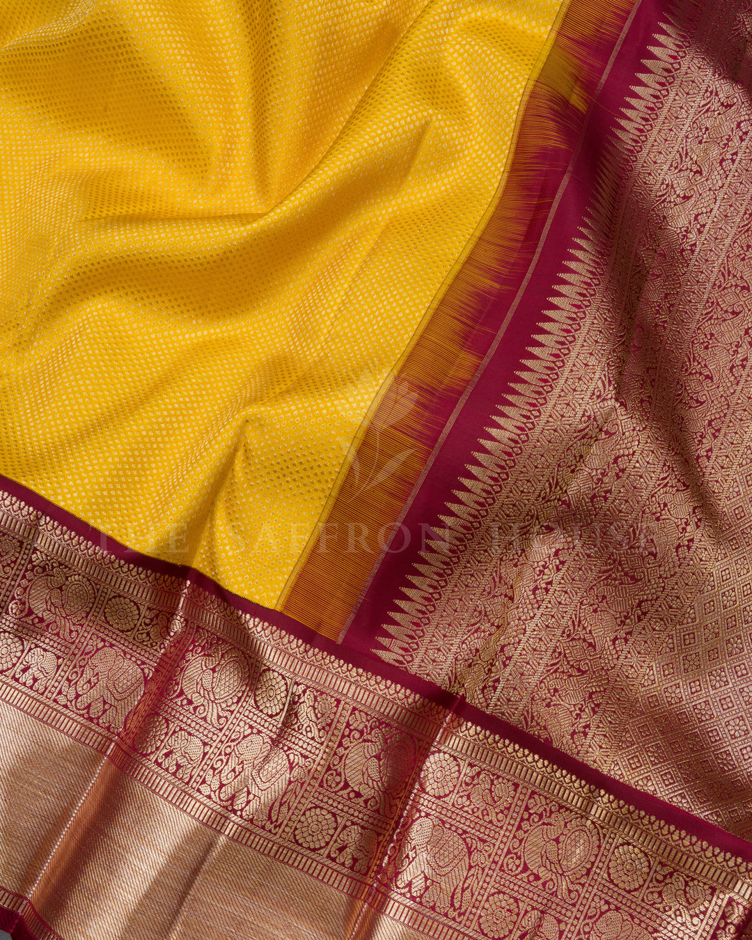 Mustard Yellow And Deep Maroon Handwoven Korvai Kanjivaram Silk Saree - TSH2506265
