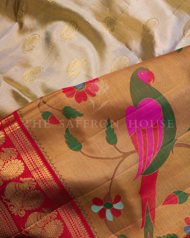 Handloom Kanjivaram Silk Saree in Ivory And Chilli Red