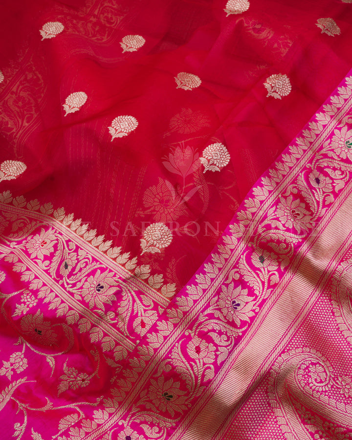 Half Kora Half Silk Banarasi Saree in Red and Rani Pink with Zari Paisley Border