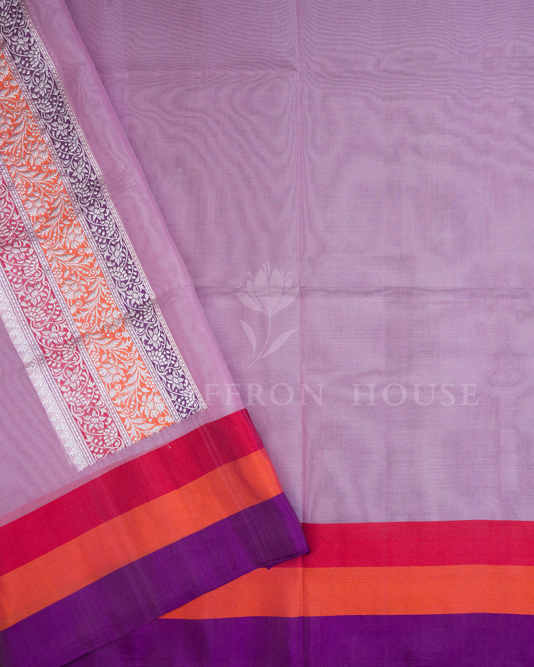 Kora Banaras Saree in Lilac with Multicolor Zari Floral Border & Meena Pallu - TSH250511