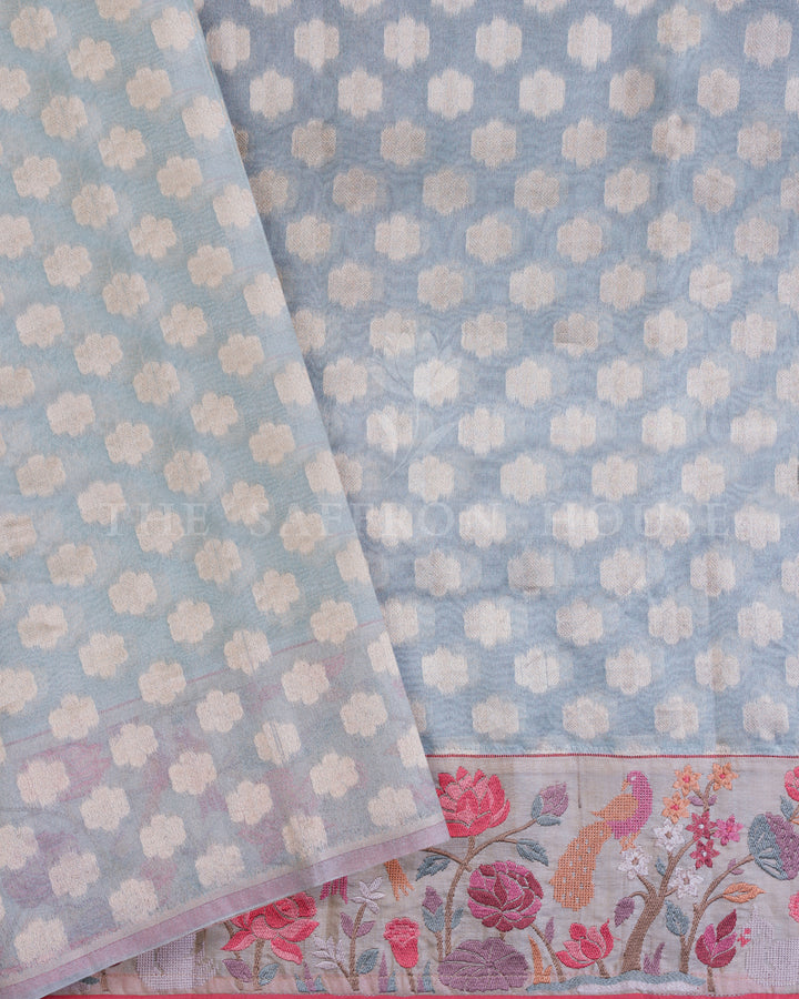 Pastel Blue Banarasi Saree with Floral Zari Butis and Fine Embroidered Border - TSH00017