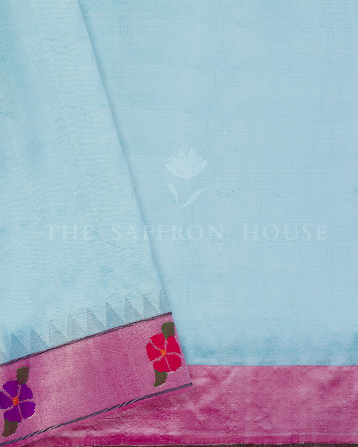 Sky Blue Pure Handloom Paithani Saree with Allover Floral & Hansa Motifs