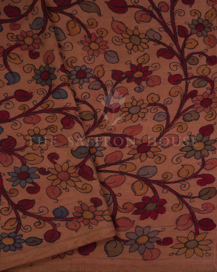 Pen Kalamkari on Kanchi Handwoven Saree with Temple Borders