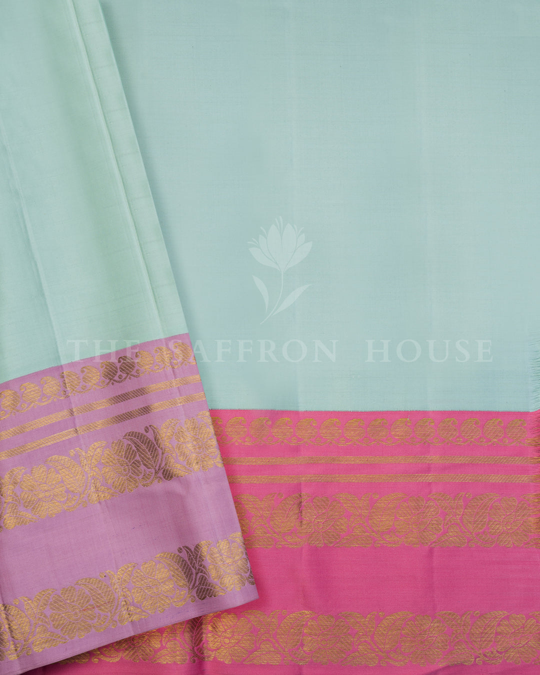 Pure Silk Kanchipuram Saree in Mint with Ganga Jamuna Pink & Lavender Border