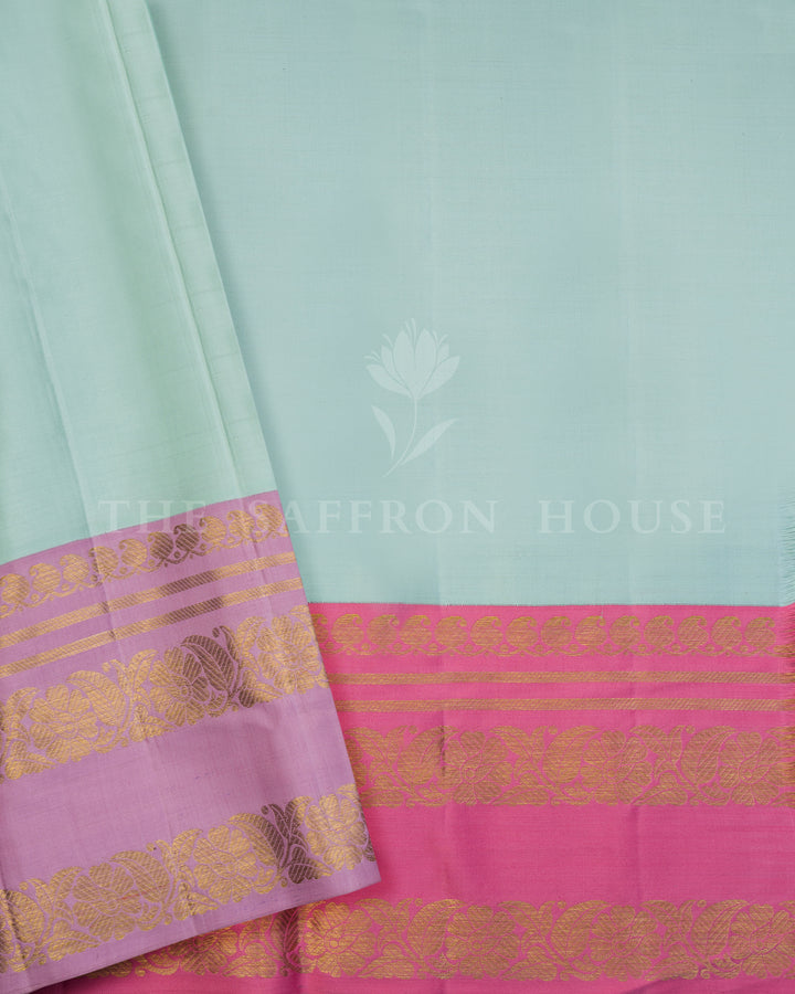 Pure Silk Kanchipuram Saree in Mint with Ganga Jamuna Pink & Lavender Border