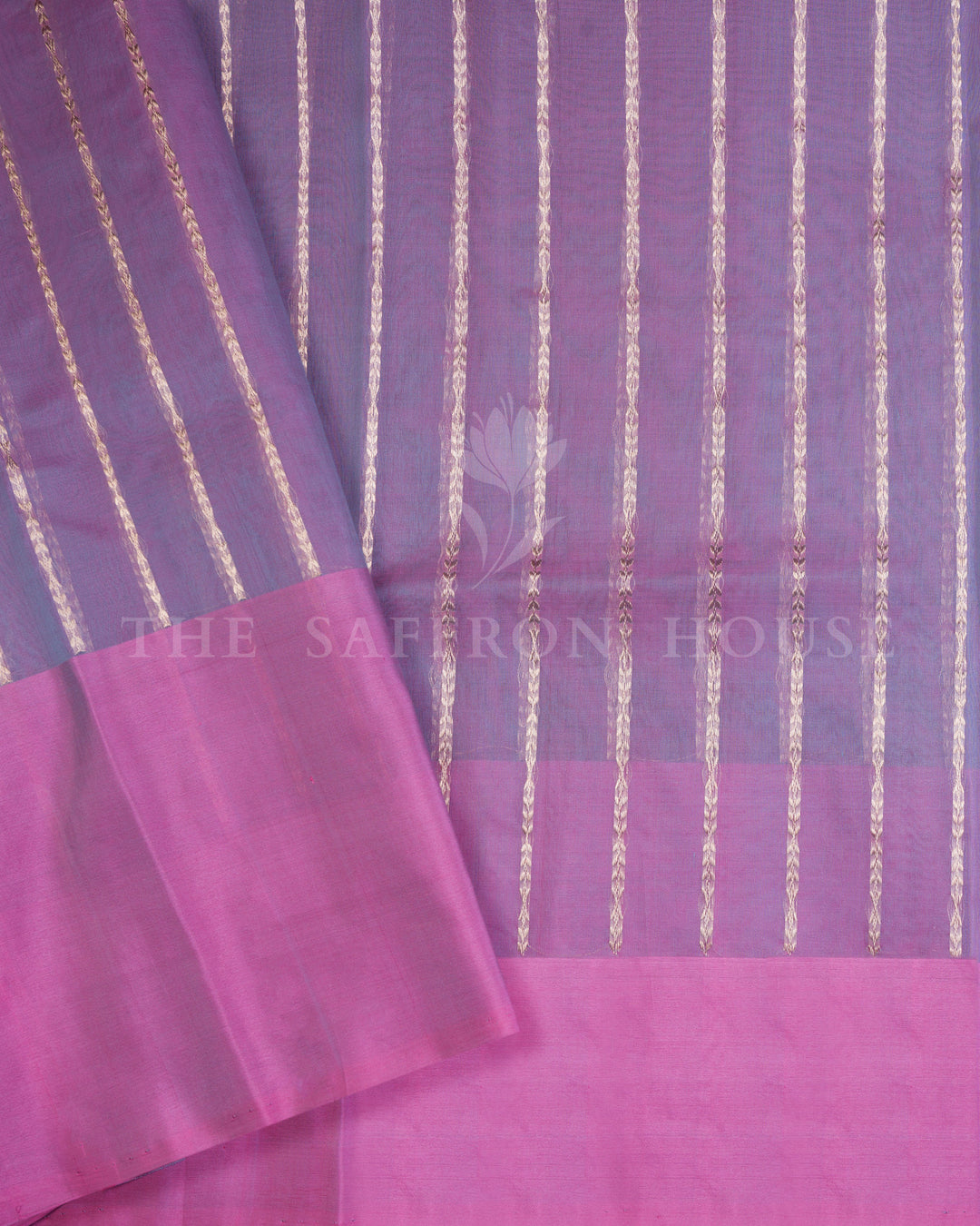 Turquoise Blue Kora Banarasi Saree with Silver Buttas & Mauve Floral Brocade Border – Handwoven Elegance