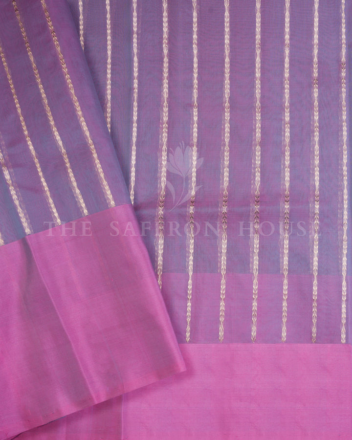 Turquoise Blue Kora Banarasi Saree with Silver Buttas & Mauve Floral Brocade Border – Handwoven Elegance