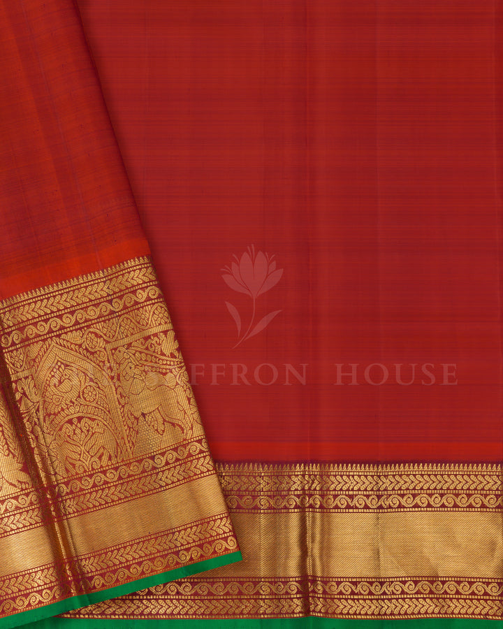 Purplish Blue And Rust Orange Handwoven Kanjivaram Silk Saree - TSH2506001