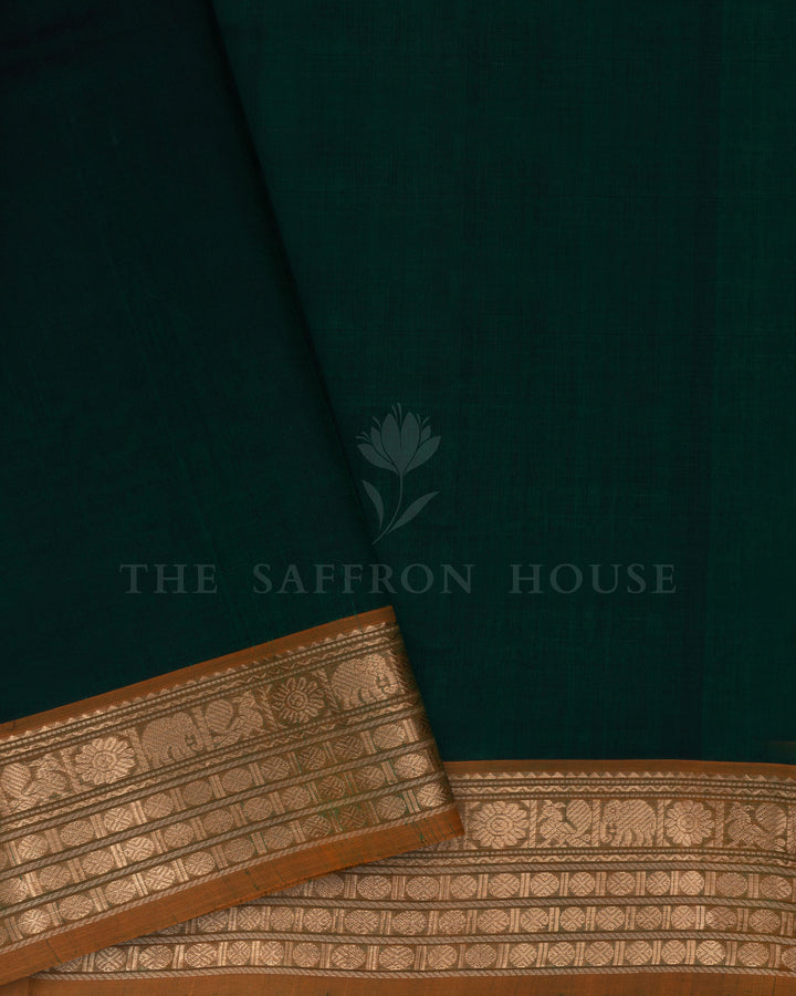Dark Bottle Green And Mustard Yellow Cotton Silk Saree - TSH110043