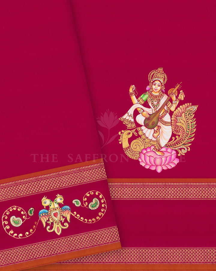 Ivory And Rani Pink Tanjore Hand-Painted Kanjivaram Silk Saree - TSH2506149