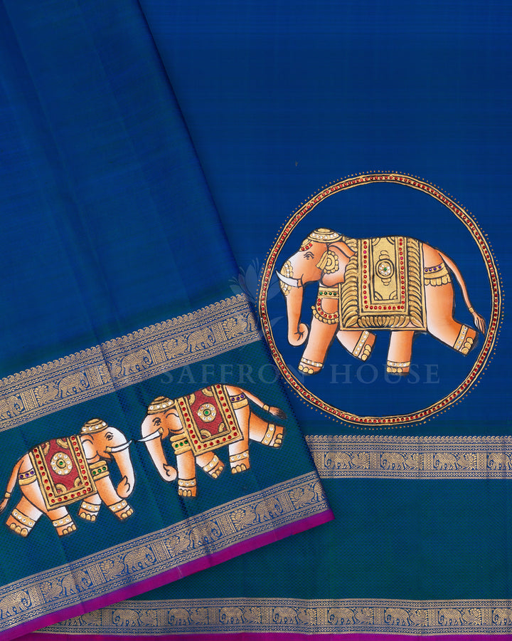Rust Brown And Peacock Blue Tanjore Hand-Painted Kanjivaram Silk Saree - TSH2506151
