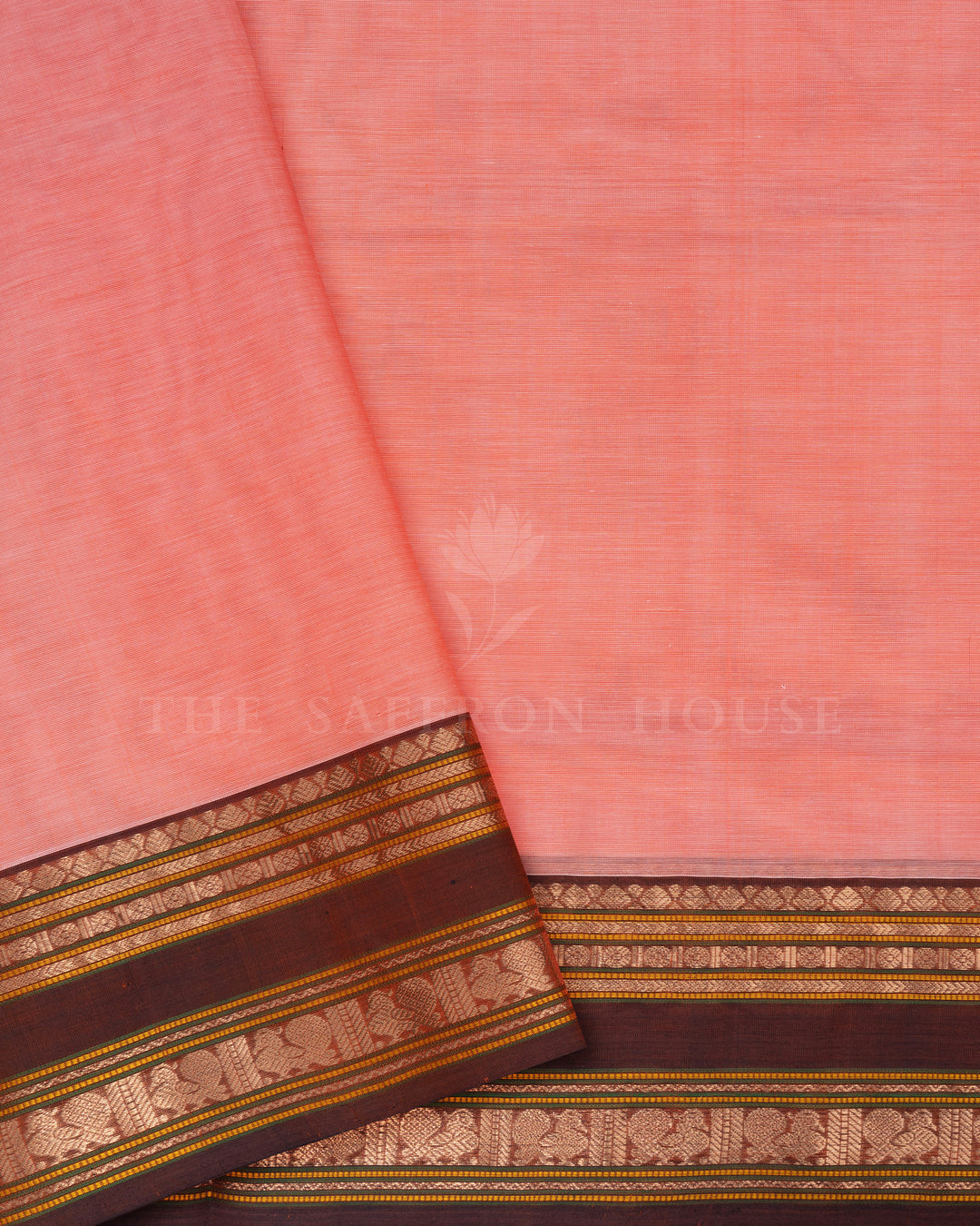 Peach Coral And Chocolate Brown Cotton Silk Saree - TSH110019