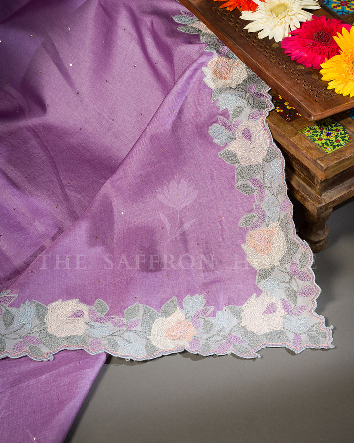 Lilac Tussar Silk Saree with Pastel Rose Embroidered Border & Contrast Grey Blouse