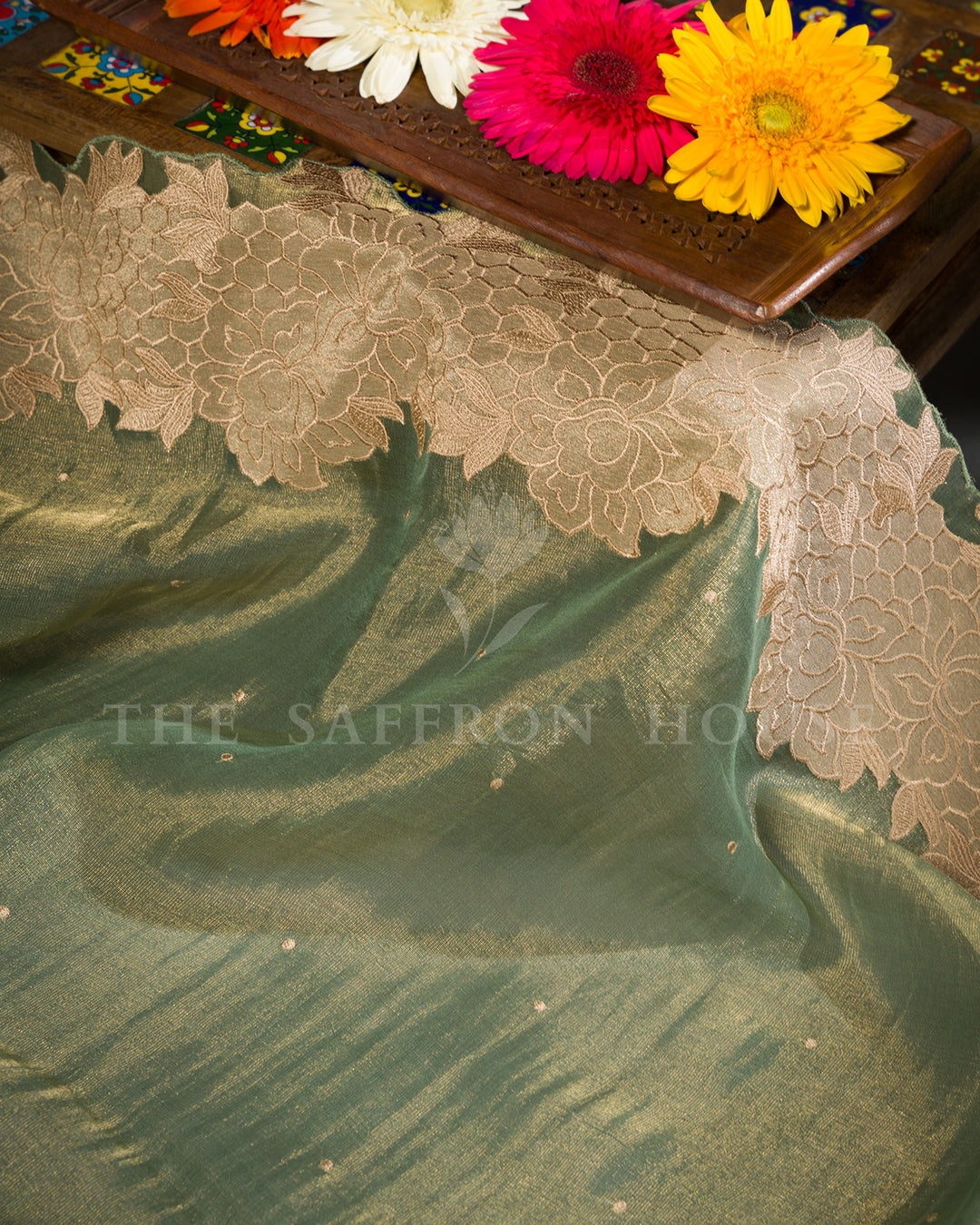 Sage Green Tissue Organza Saree with Self-Tone Floral Lace Border
