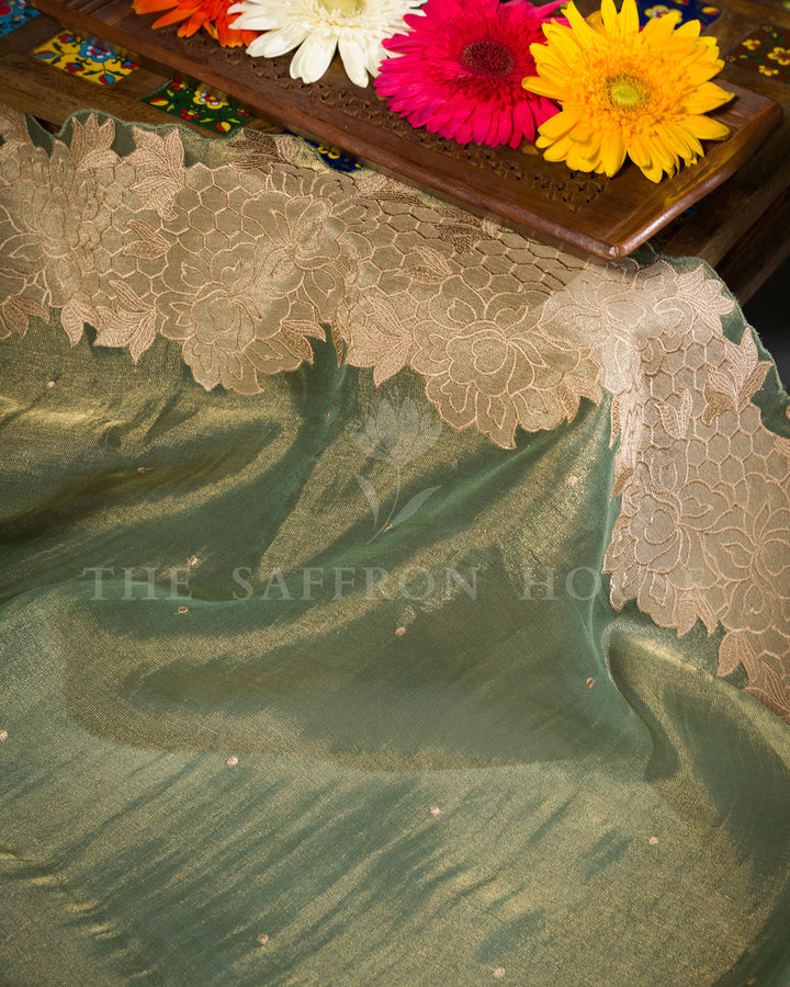 Sage Green Tissue Organza Saree with Self-Tone Floral Lace Border