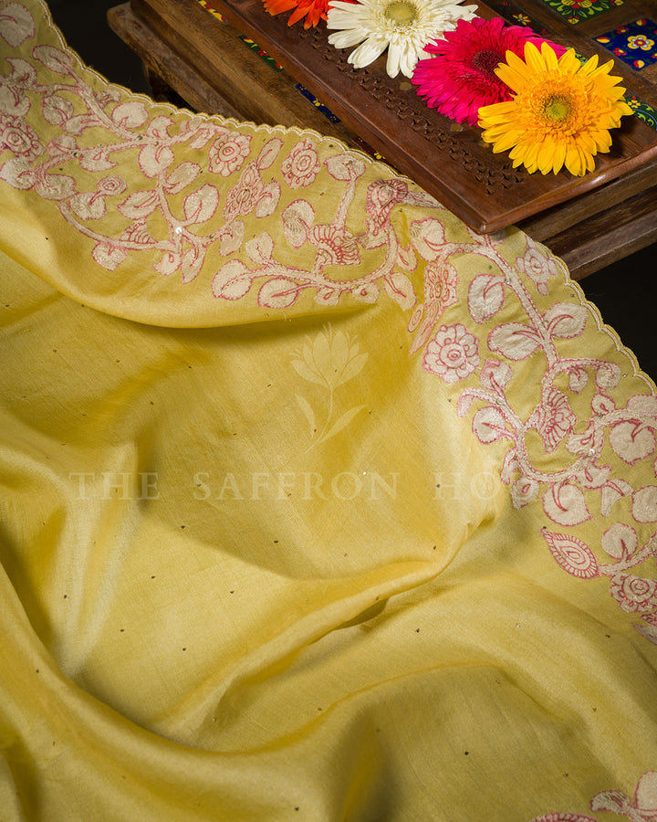 Yellow Tussar Silk Saree with Floral Vine Embroidered Border