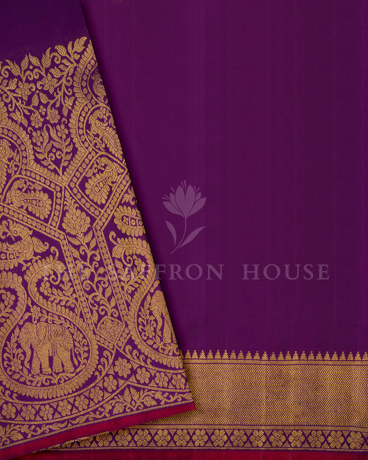 Ikat Mustard Kanchivaram Silk Saree with Purple Elephant Motif Border