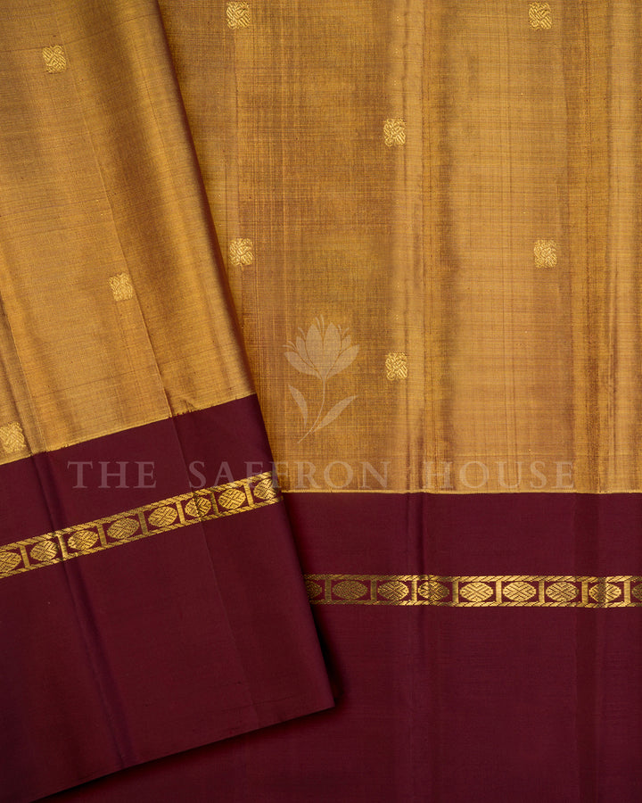 Gold Kanchivaram Silk Saree with Silver Bird Butis & Contrast Maroon Border