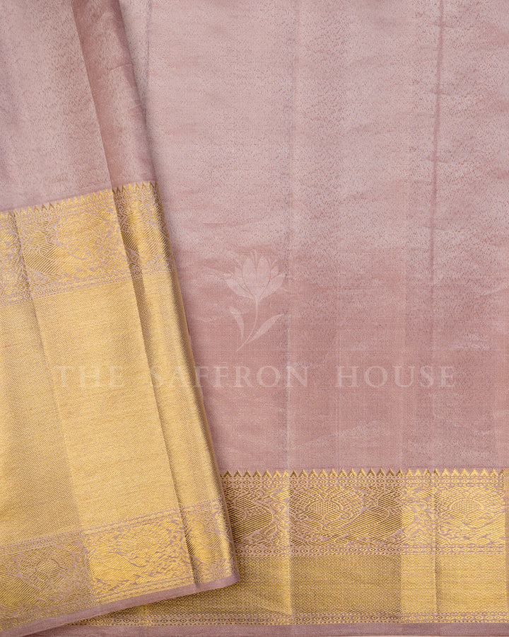 Dusty Pink Kanchivaram Silk Saree with Woven Vine Jaal & Gold Zari Checkered Border