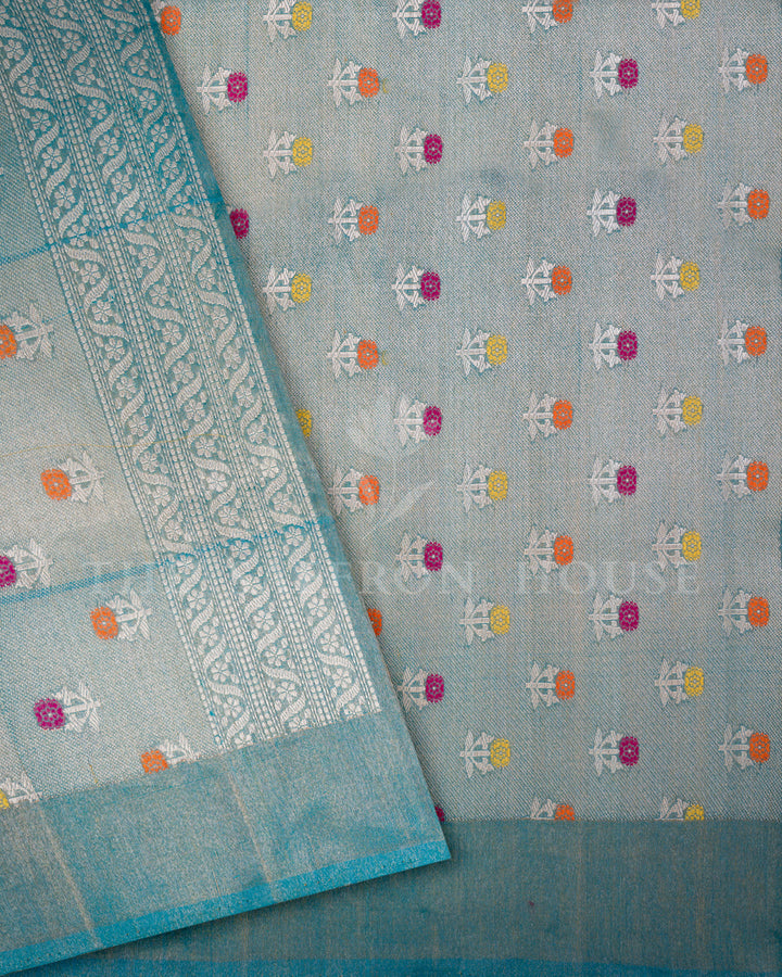 Sea Green Banarasi Tissue Silk Saree with Multicolor Floral Buti & Silver Zari Temple Border