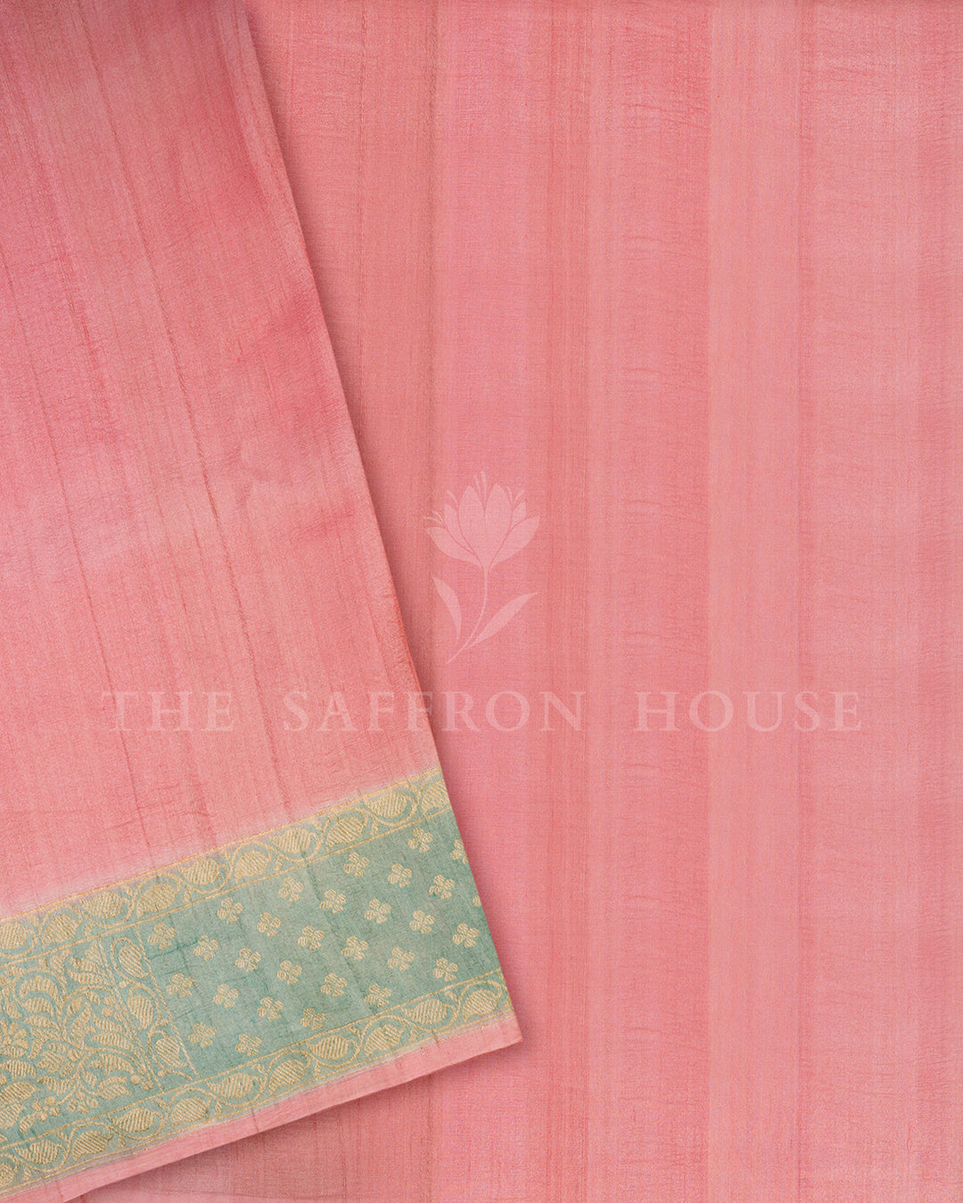 Sea Green Tussar Silk Saree with Scattered Gold Zari Buti & Floral Border