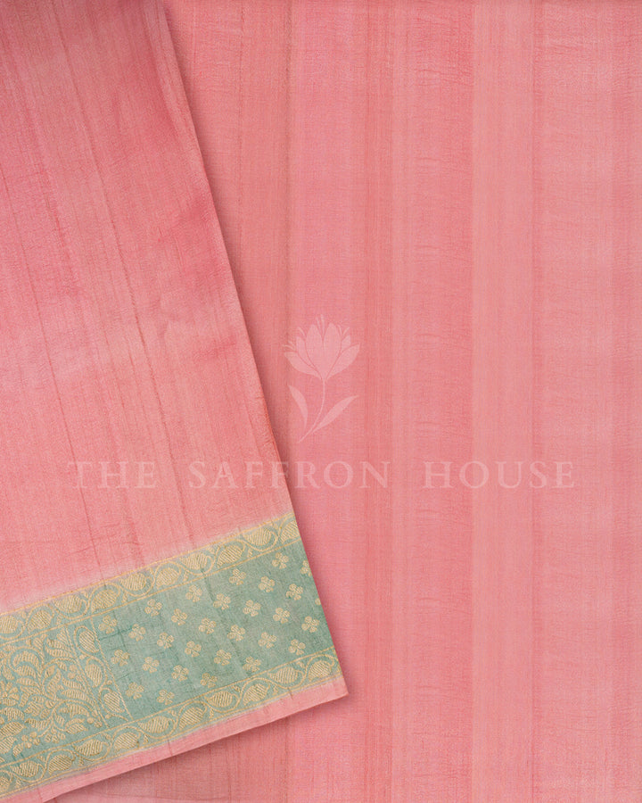 Sea Green Tussar Silk Saree with Scattered Gold Zari Buti & Floral Border