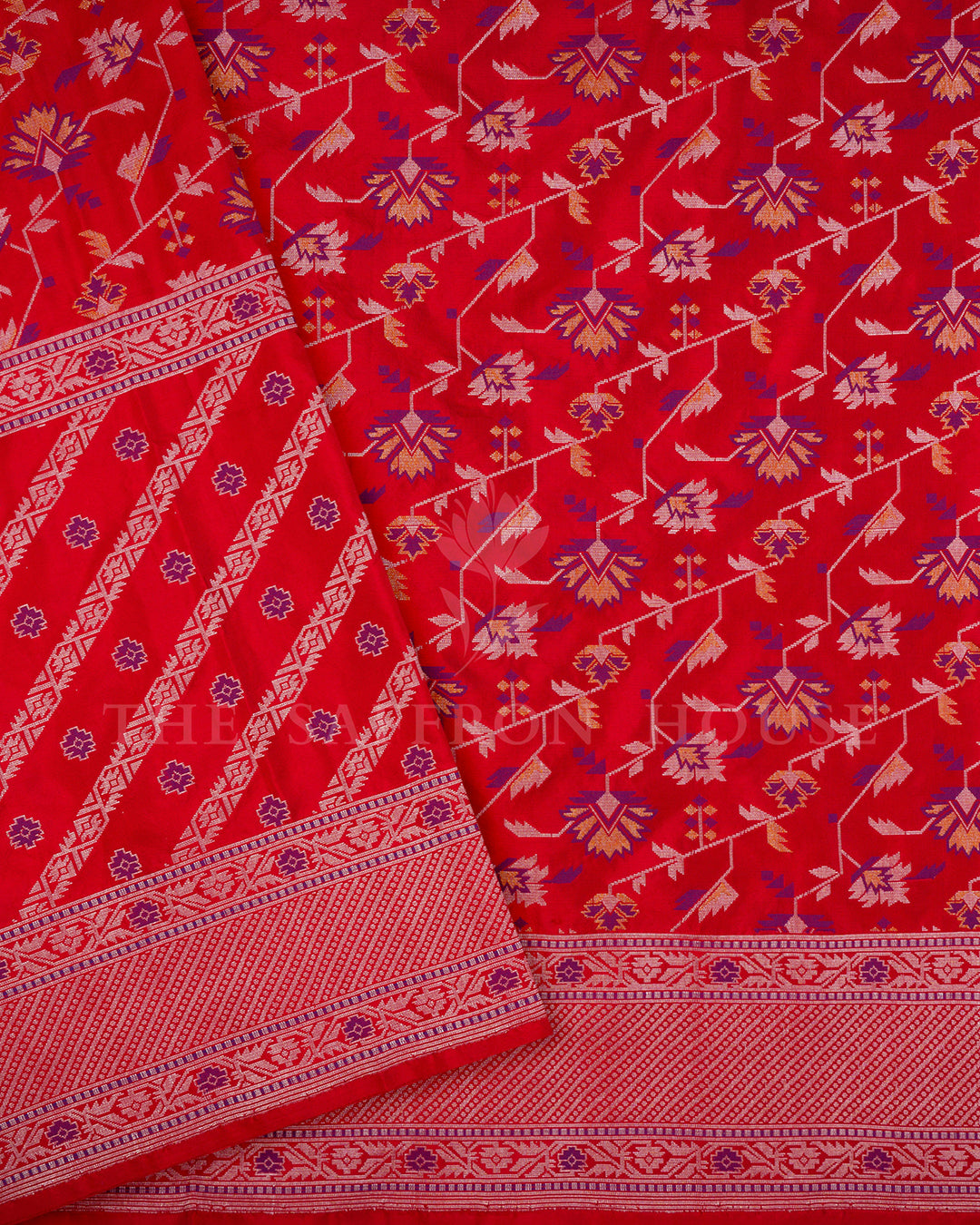 Peach Banarasi Silk Saree with Diagonal Purple Buti Weave & Silver Zari Border