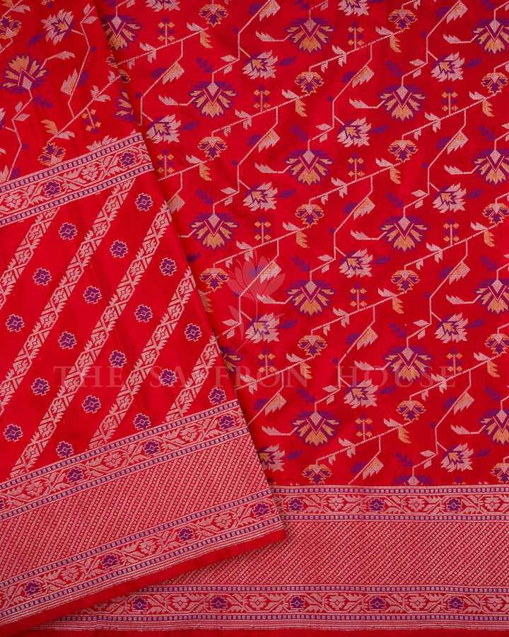Peach Banarasi Silk Saree with Diagonal Purple Buti Weave & Silver Zari Border