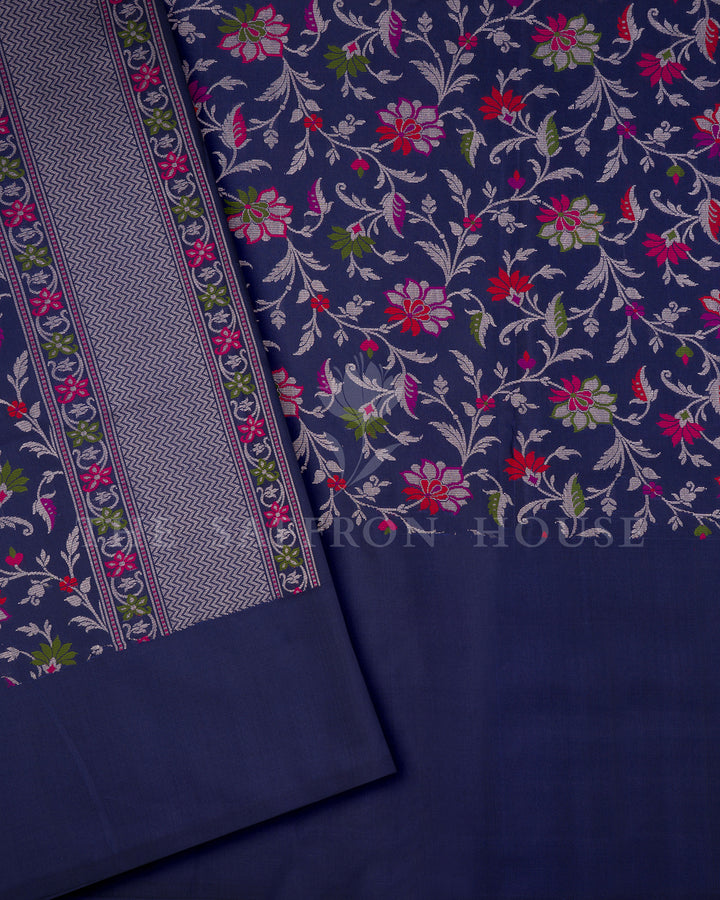 Steel Blue Banarasi Silk Saree with Chevron Zari Weave & Multicolor Floral Border