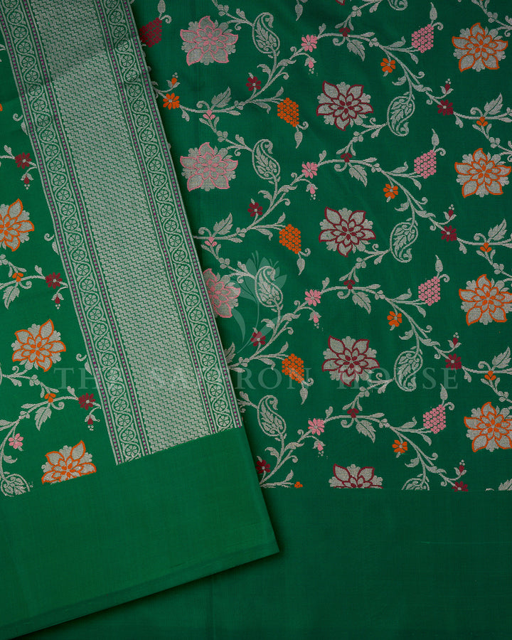 Olive Green Banarasi Silk Saree with Chevron Zari Border & Multicolor Floral Vine