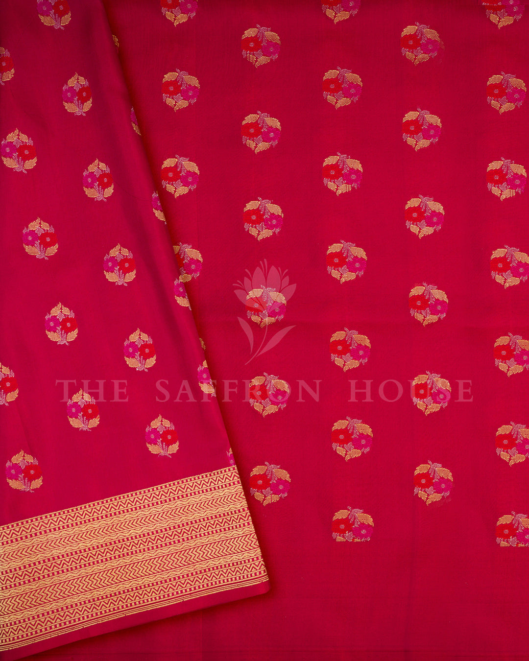 Rani Pink Banarasi Silk Saree with Gold Zari Polka Dot Weave & Chevron Border