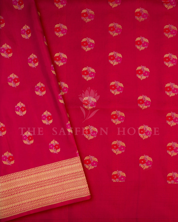 Rani Pink Banarasi Silk Saree with Gold Zari Polka Dot Weave & Chevron Border