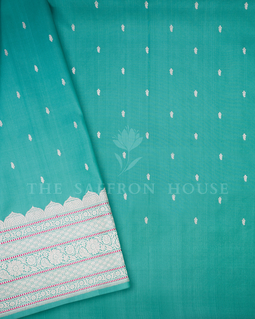 Turquoise Banarasi Silk Saree with Scattered Silver Zari Buti & Scalloped Floral Border