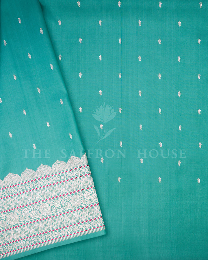 Turquoise Banarasi Silk Saree with Scattered Silver Zari Buti & Scalloped Floral Border