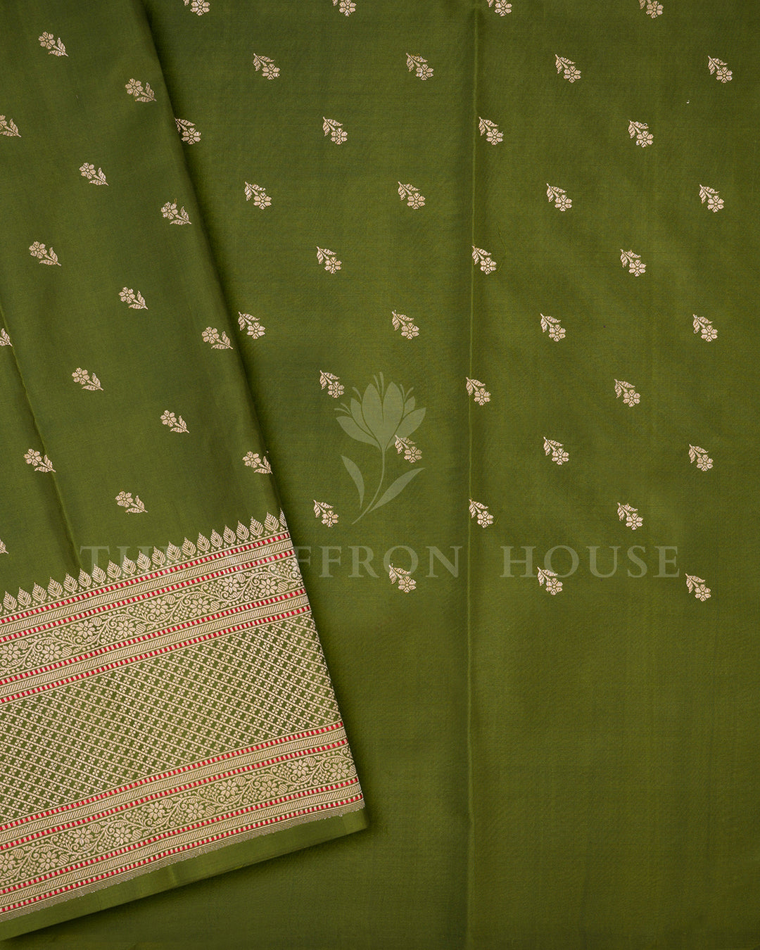Olive Green Banarasi Silk Saree with Scattered Gold Zari Floral Buti & Diamond Lattice Border