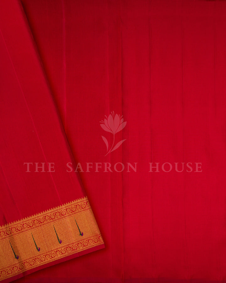 Rust Red Kanchivaram Silk Saree with Ikat Elephant-Peacock Panel & Peacock Feather Border