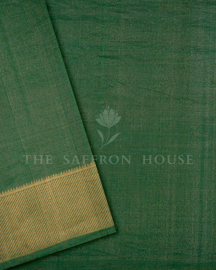 Emerald Green Banarasi Tissue Silk Saree with Meenakari Floral Bunch & Gold Zari Elephant Border