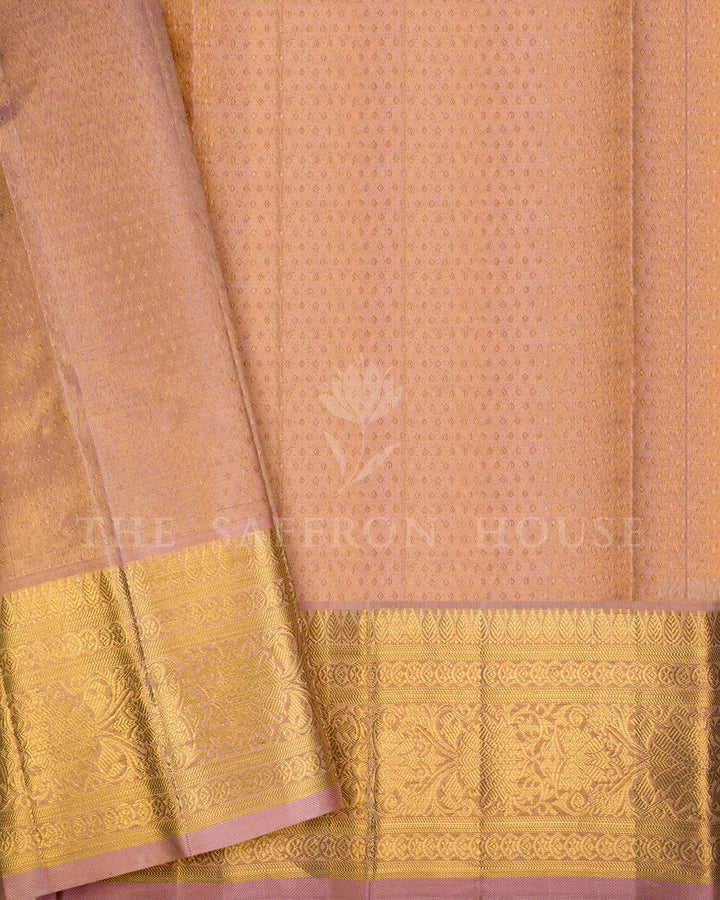 Dusty Pink Kanchivaram Silk Tissue Saree with Horse Procession Pallu & Wide Gold Zari Border