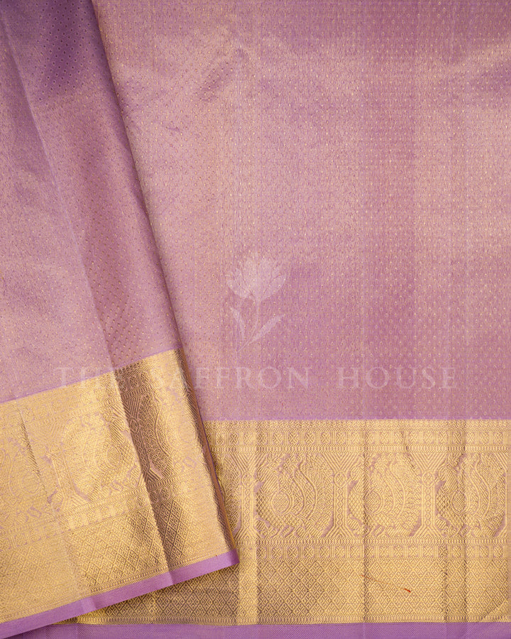 Lilac Kanchivaram Silk Saree with Gold Zari Floral Jaal & Wide Paisley Temple Border