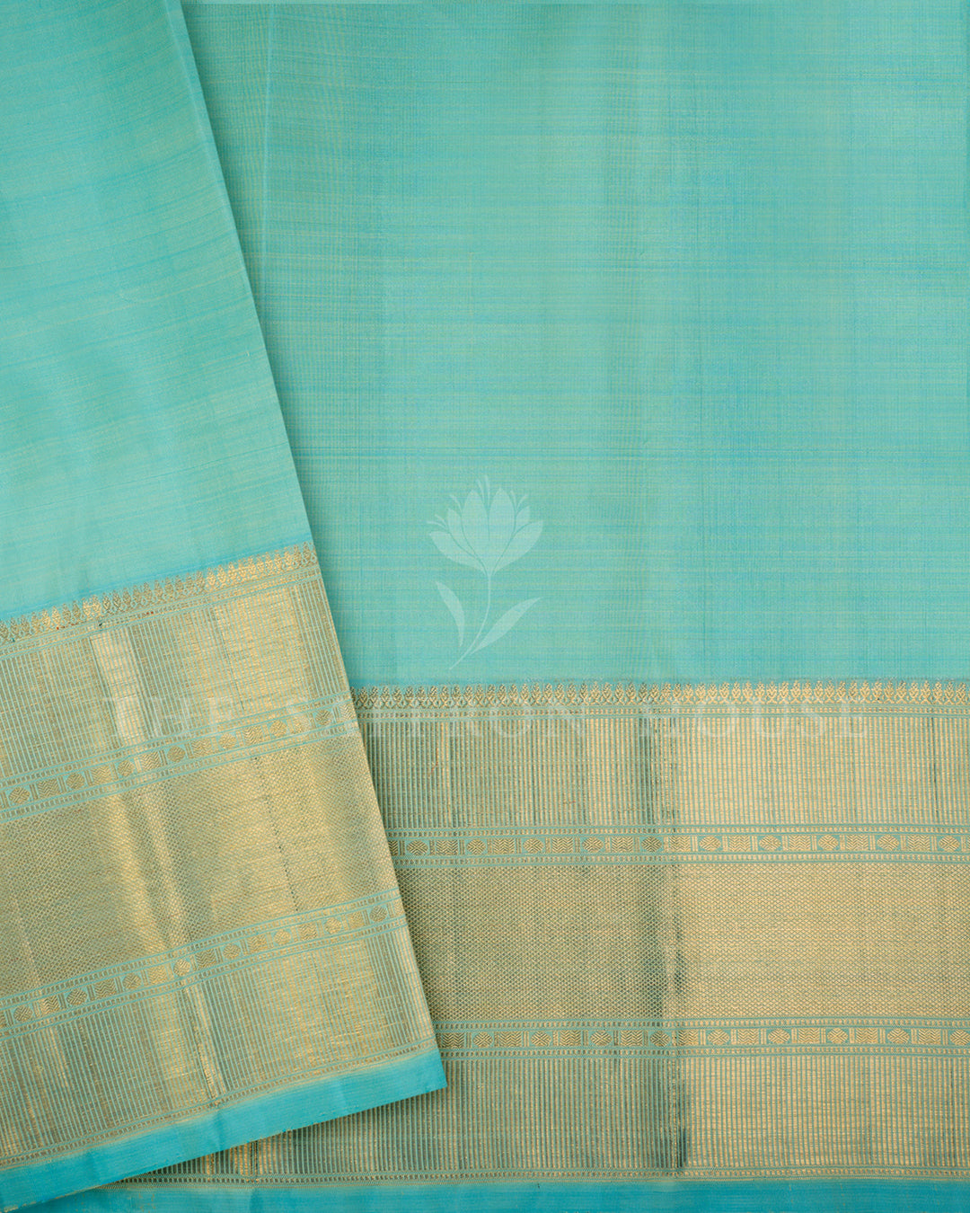 Sky Blue Kanchivaram Silk Saree with Diagonal Gold Zari Stripe Weave & Wide Textured Border