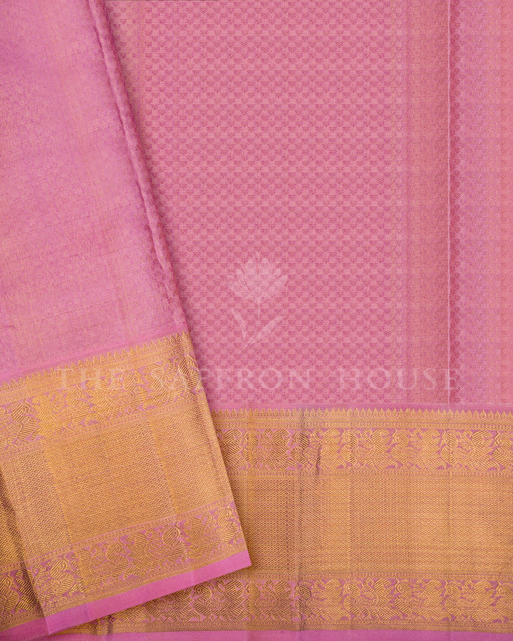 Baby Pink Kanchivaram Silk Saree with Diamond Peacock Lattice Weave & Gold Zari Floral Border