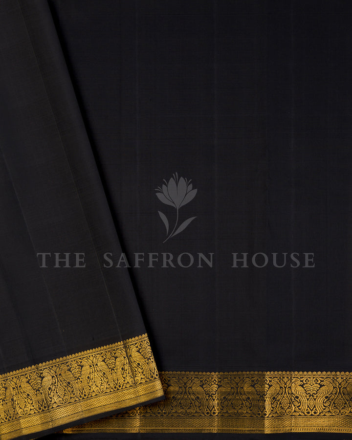 Gold Kora Kanchi Silk Saree with Silver Checkered Weave & Black Peacock Border