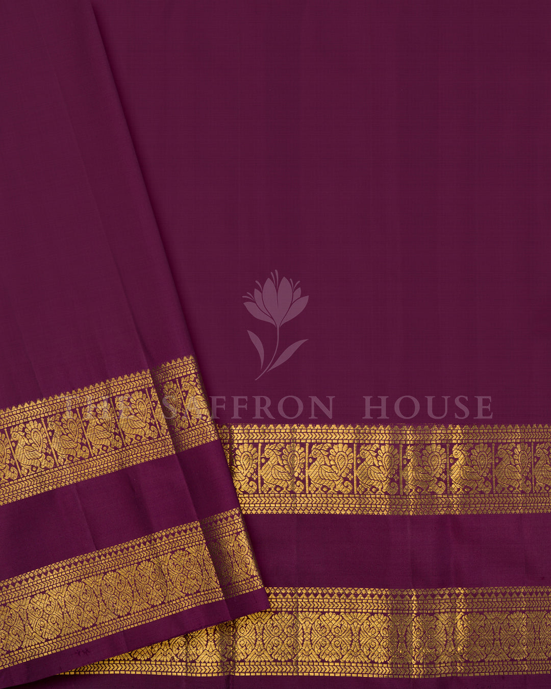Gold Kanchivaram Silk Saree with Diagonal Zari Texture & Wine Peacock Border