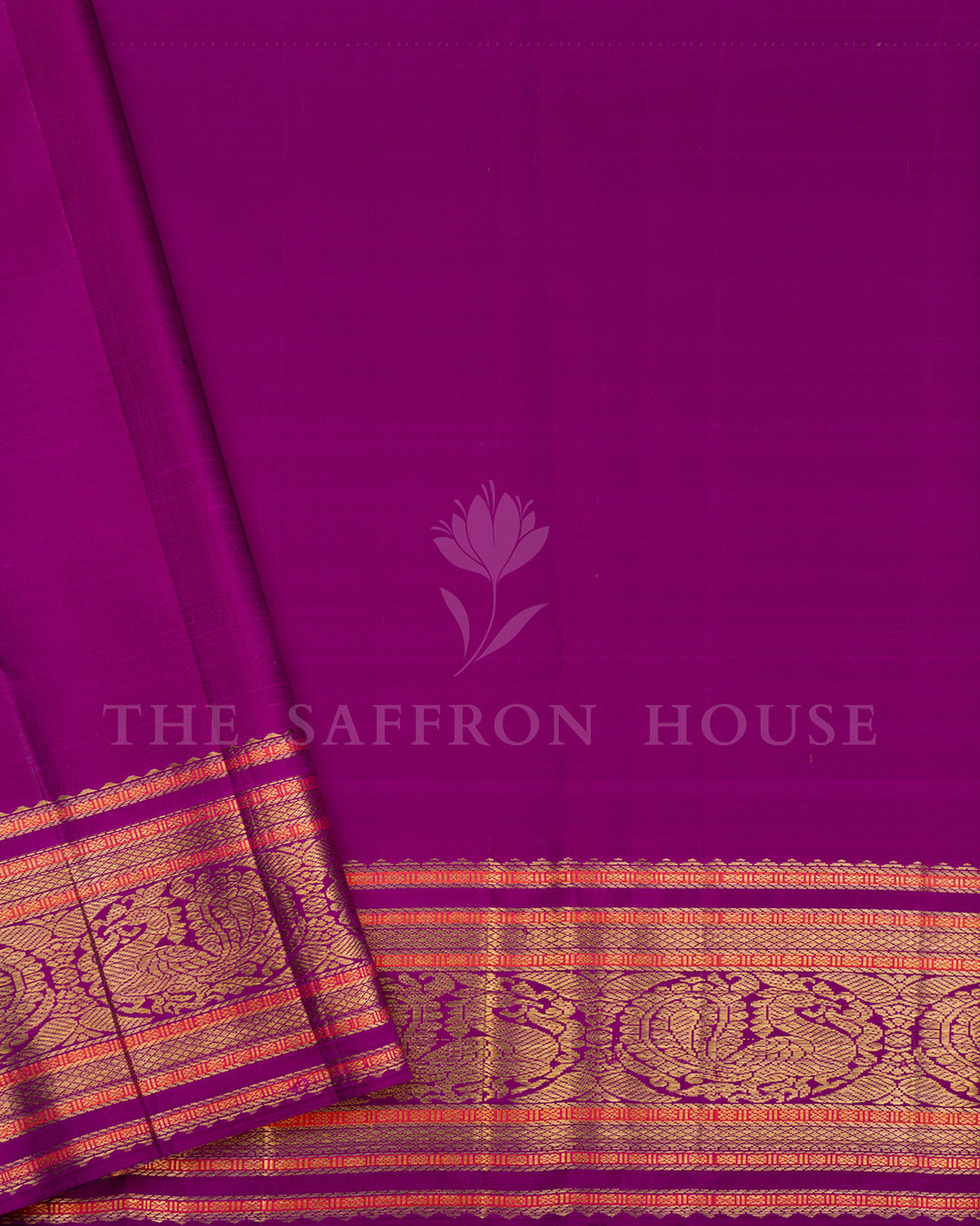 Yellow Kanchivaram Silk Saree with Silver Medallion Buti & Magenta Peacock Border