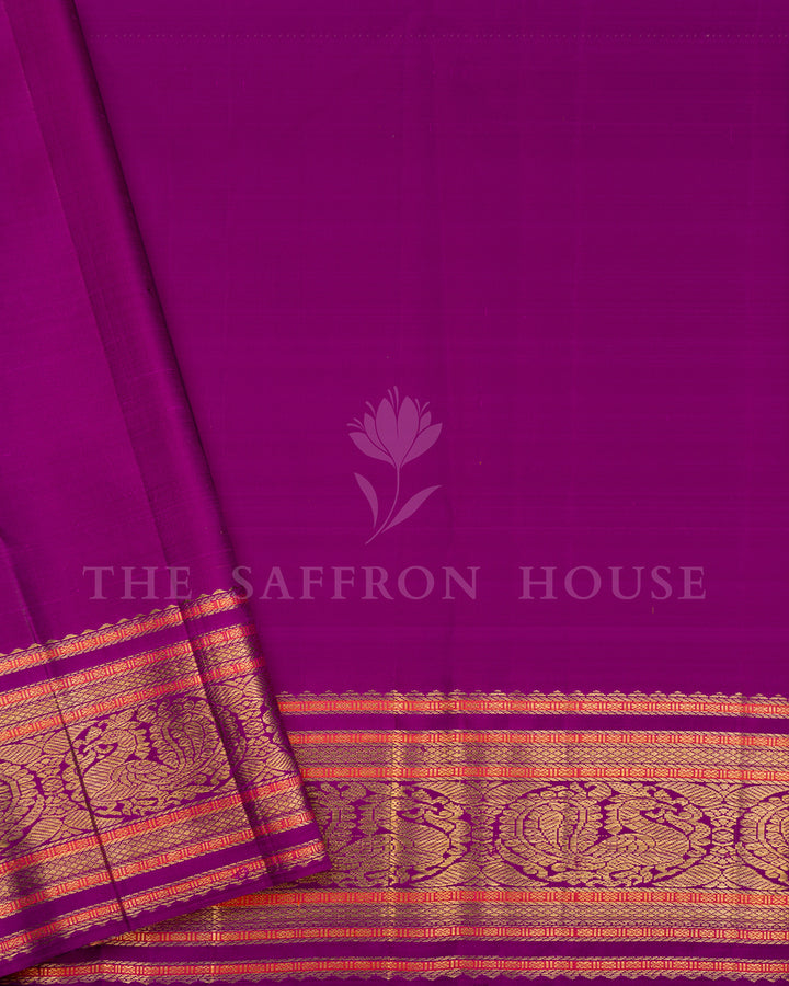 Yellow Kanchivaram Silk Saree with Silver Medallion Buti & Magenta Peacock Border